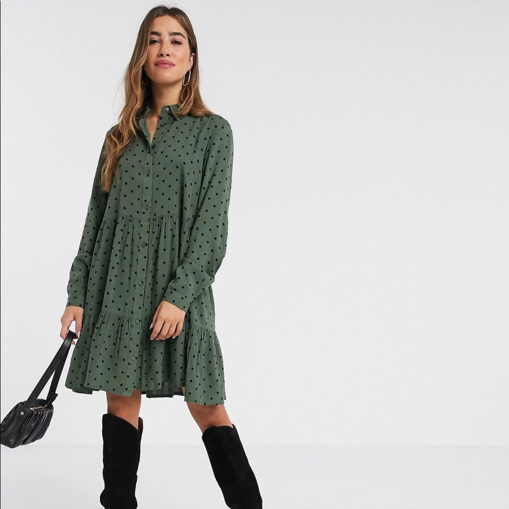 Stradivarius Green shirt dress w/ black polka dots